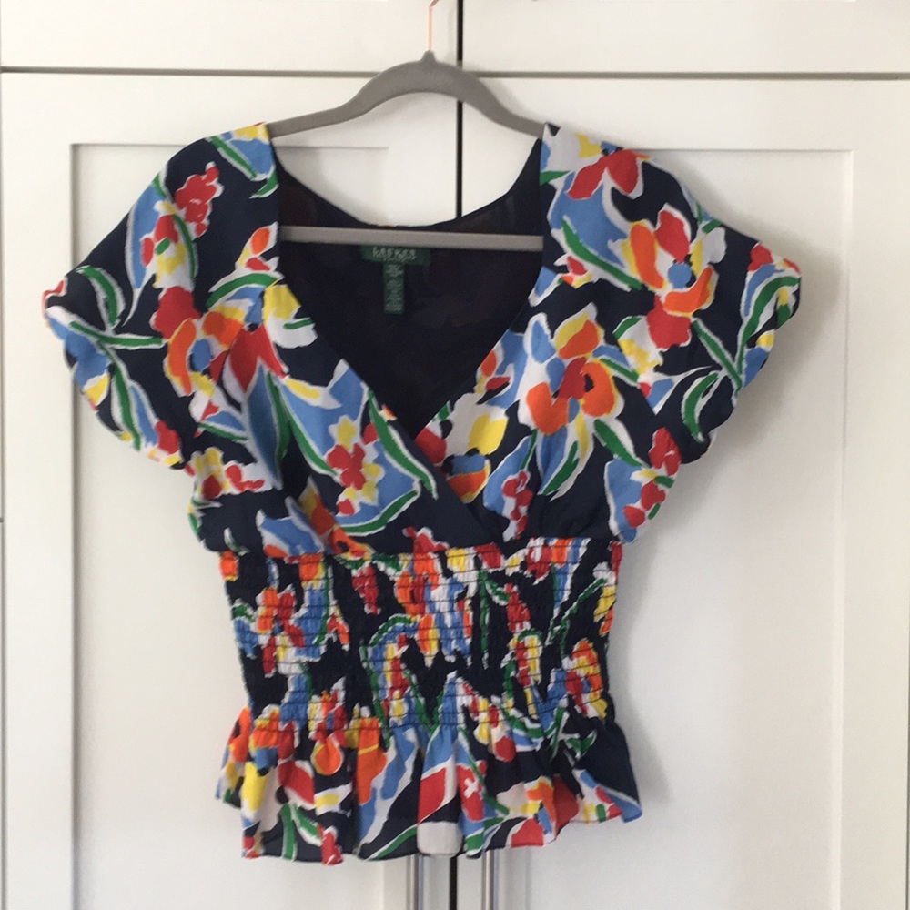 Ralph Lauren Navy Silk Floral Blouse Size Petite L